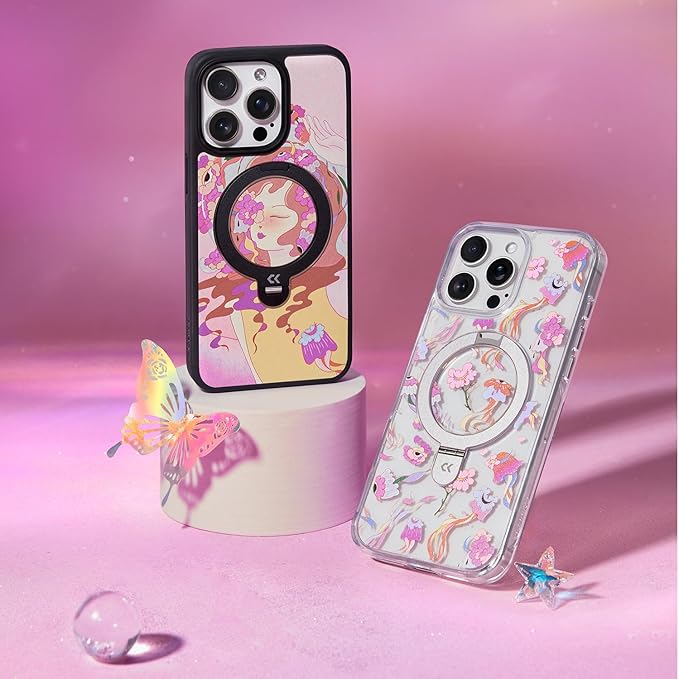 CASEKOO Floral Series [ArtCollab x Leah Han] Floral Jellyfish for iPhone 16 Pro Case with Magnetic Ring Stand [Compatible with MagSafe] [Military-Grade Protection] Clear Back, Soft Edge, for Women