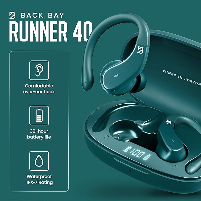 Back Bay Audio - Runner's Wireless Earbuds for Running, Workout Wrap Around Earbuds Bluetooth Headphones for Sports, Running Headphones, Hook Over The Ear Buds, Wrap Around Earphones with Earhooks