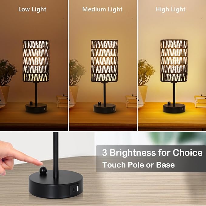 Black Bedside Lamps Set of 2, Touch Control Night Stand Lamp for Bedroom with Rattan & Linen Shade & Bulbs, 3 Way Dimmable Small Boho Table Lamps with USB Charging Port & Phone Stand