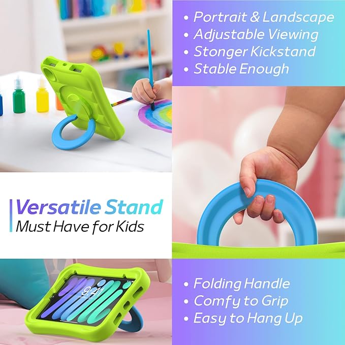 Kids Case for iPad mini 7 (A17 Pro) 2024 / Mini 6th Gen 2021 8.3 inch – Lightweight Flexible Shockproof Rotating Stand Handle Rugged Cover for iPad mini 7th 6 Generation Girls Boys, Green