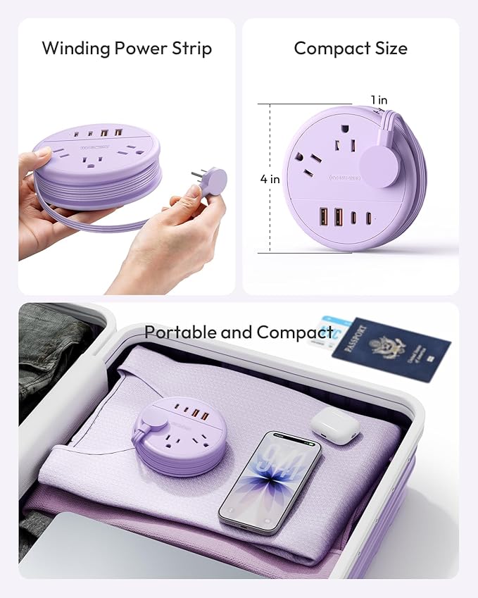 NTONPOWER Purple Travel Power Strip 20W, Travel Essentials, Cruise Essentials 2026 3 Outlets 4 USB Ports(2 USB C), 4FT Wrapped Around Extension Cord for Travel Cruise Ship Beach Vacation Essentials