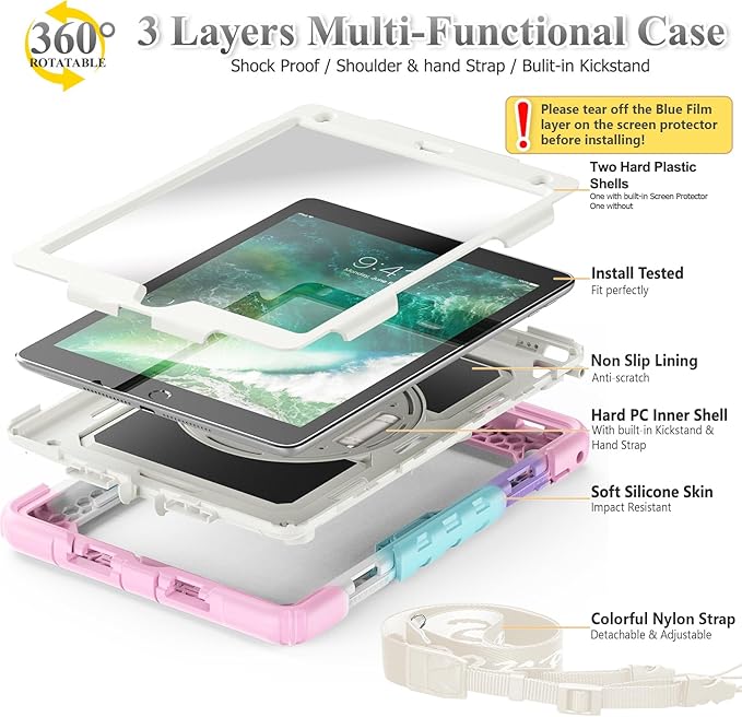 SEYMAC stock Case for iPad 6th / 5th Generation Case/Air 2 / Pro 9.7 inch, Heavy Duty Protective with Screen Protector, with Pencil Holder, Hand Strap, Shoulder Strap, 360 Rotate Stand,Yellowish+Pink