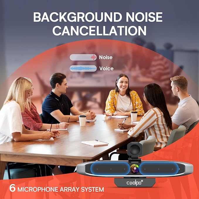 COOLPO Video Conference Camera 4K Webcam, Smart Gesture-Control Focus, AI Auto-framing w/ 110° FoV, Noise Reduction & Echo Cancellation 6 Microphones, for Video Conferencing Streaming, w/Cover