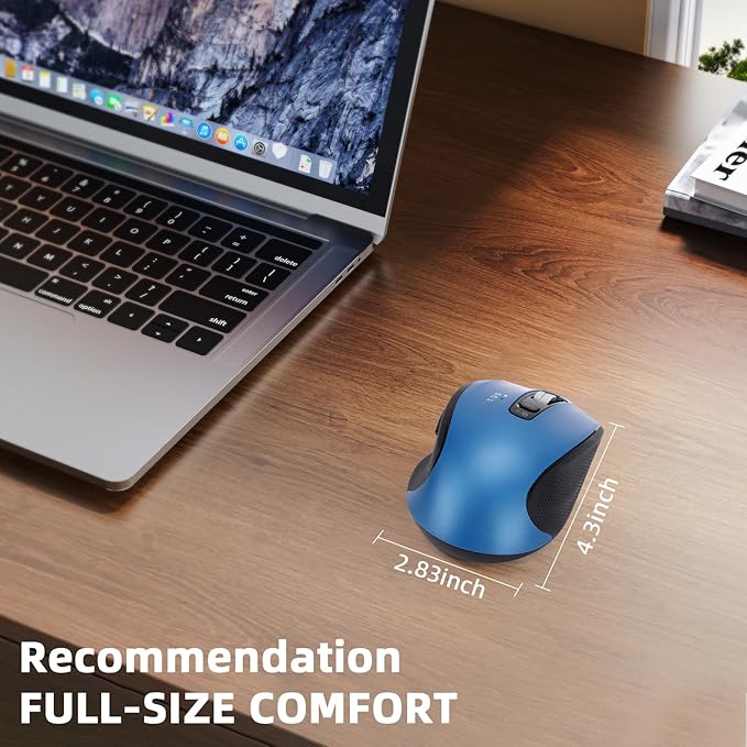 Wireless Bluetooth Mouse with USB-A, USB-C Receiver, Rechargeable, 3-Device, Full-Size, Silent Click, Ergonomic Mice for MacBook/Laptop/Computer/Tablet/PC/iPad-Blue