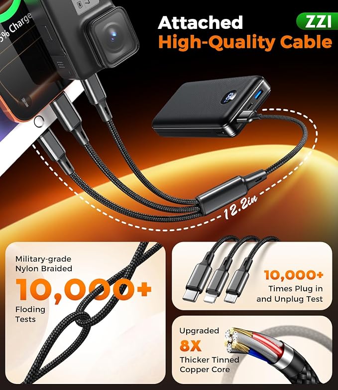 Portable Charger Power Bank, 60000mAh Battery Pack with 3 in 1 USB-C/iOS/Micro-USB Cable, 22.5W Fast Charging Portable Phone Charger, Travel Camping Essential Powerbank for iPhone 17/16 Samsung,Ebony