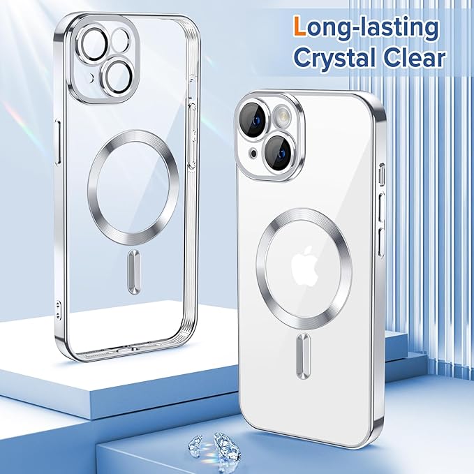 Hython Magnetic Clear for iPhone 15 Case with Camera Lens Protector [Compatible with MagSafe] Luxury Plating Edge Slim Soft TPU Cover Protective Phone Case for iPhone 15 6.1", Silver