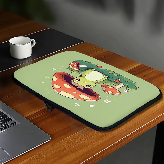 Cute Frog Laptop Protective Sleeve for Women Men 13 Inch Computer Sleeve Neoprene Laptop Bag Mushroom Lap Top Case Suitable for Travel School Office Organizers Green