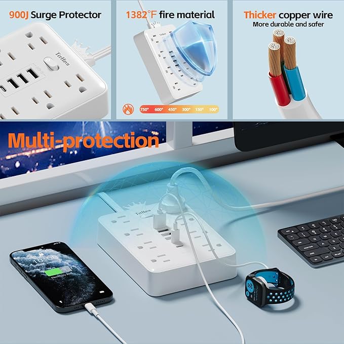 Extension Cord Flat Wall Plug with Surge Protector & 8 Outlets 6 USB Ports – 15A 1875W Power Strip for Home Office Dorm Room – 15ft Flat Cord in White – MCSCN