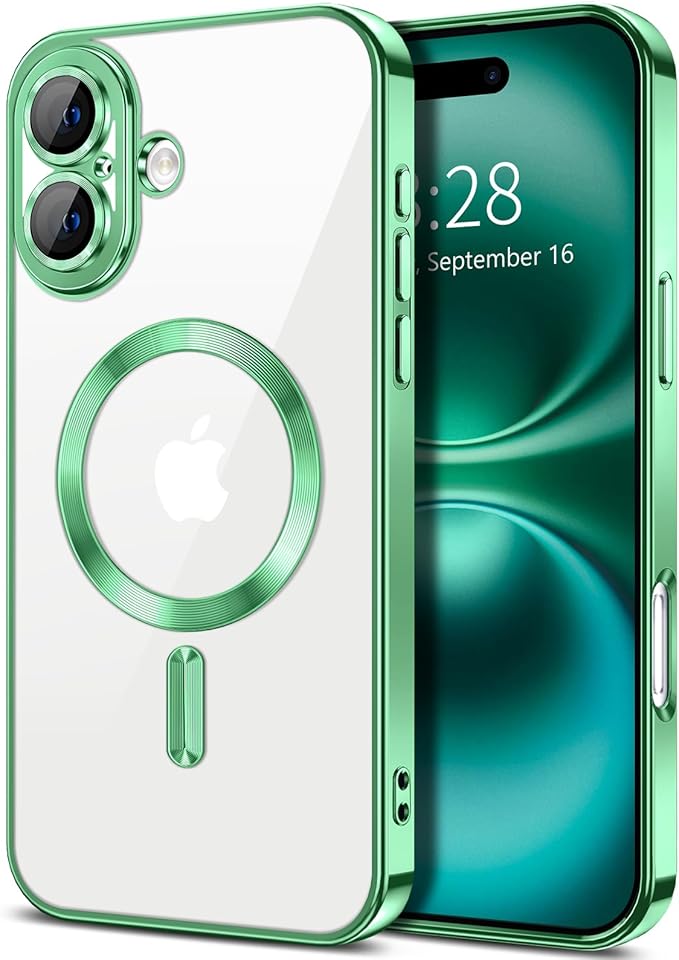 Hython Magnetic Clear for iPhone 16 Case with Camera Lens Protector [Compatible with MagSafe] Luxury Plating Edge Slim Soft TPU Cover Protective Phone Case for iPhone 16 6.1", Light Green