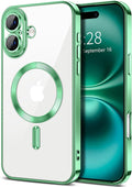 Hython Magnetic Clear for iPhone 16 Case with Camera Lens Protector [Compatible with MagSafe] Luxury Plating Edge Slim Soft TPU Cover Protective Phone Case for iPhone 16 6.1", Light Green