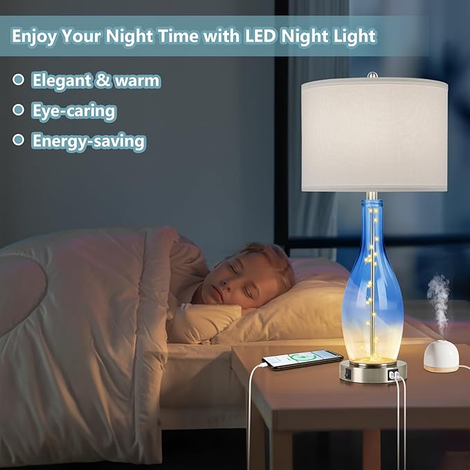 BesLowe 26in Tall Glass Table Lamps Set of 2 with 2 USB Charging Ports & LED Nightlight, Large Coastal Table Lamps for Living Room End Table, Modern Beach Lamps for Bedroom Bedside Nightstand, Blue