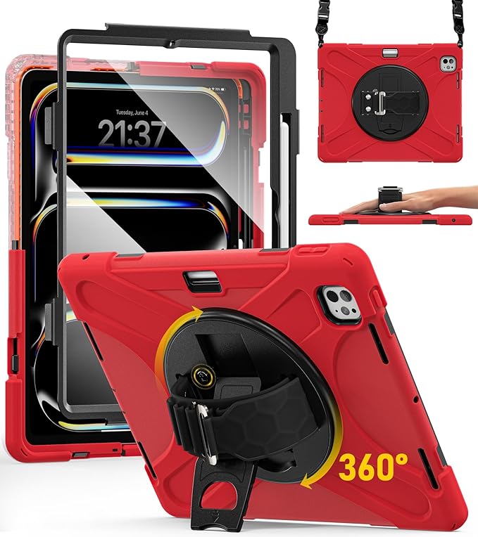 BRAECN for iPad Pro 13 inch Case M5 2025 & M4 2024 Heavy Duty Shockproof Protective with Pencil Holder Screen Protector 360°Rotating Stand Handle & Shoulder Strap Full Body Cover Kids Friendly