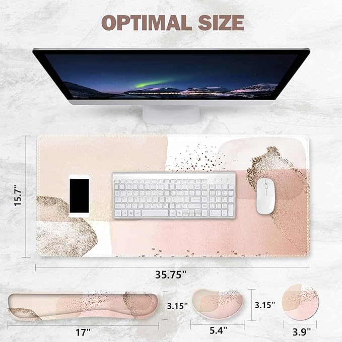 ToLuLu Extended Gaming Mouse Pad, Memory Foam Ergonomic Keyboard Mouse Wrist Rest Support Set, Large Desk Mat with Stitched Edges, Non-Slip Base Mousepad for Home Office Game Study, Pink Gold