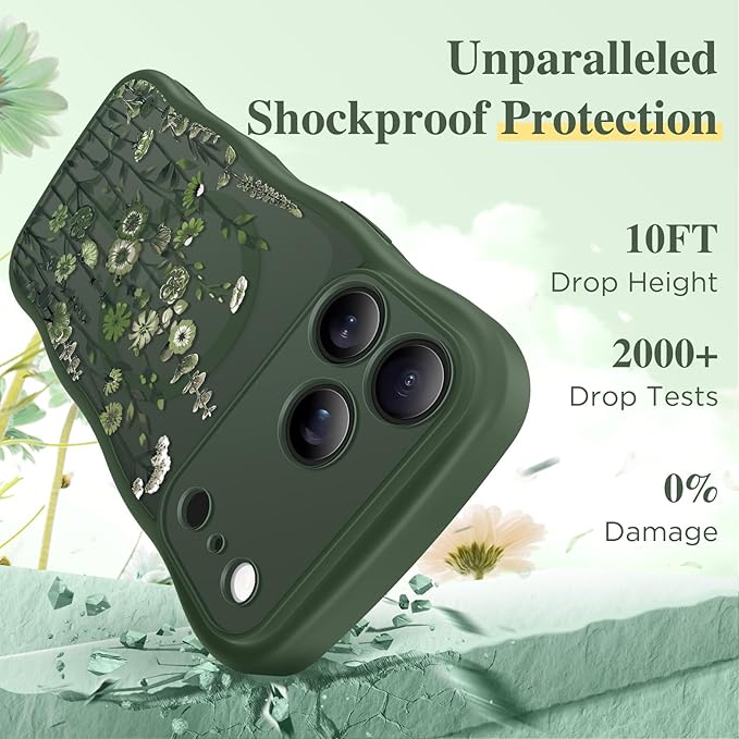 GVIEWIN for iPhone 17 Pro Case Compatible with MagSafe [Curly Wave Edge][Full Camera Protection]Floral Translucent Shockproof Magnetic Women Phone Case for iPhone 17 Pro 6.3'', Floratopia/Forest Green