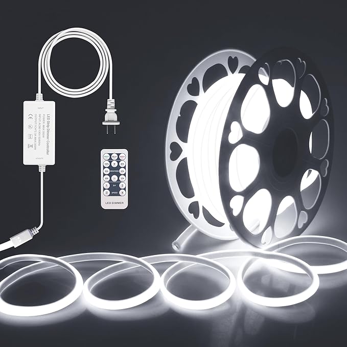 ALITOVE 65.6ft Outdoor COB LED Strip Lights Waterproof IP67 AC 110V 120V Dimmable LED Light Strip Daylight White 6000K 5760LEDs Uniform Glow Neon Light Strip with Remote for Patio Garden Pool Decor