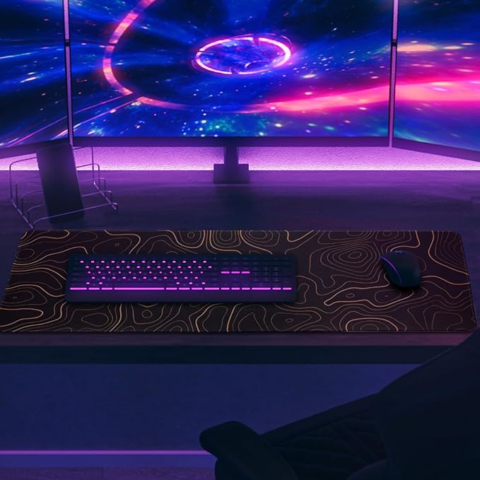 Mouse Pad Gaming Mousepad, 31.5 x 11.8in Large Desk Mat Keyboard Pads Extend Long XL Mouse Mat with Non-Slip Base Desk Accessories for Home Office Keyboard Mouse (Black Topographic Orange)