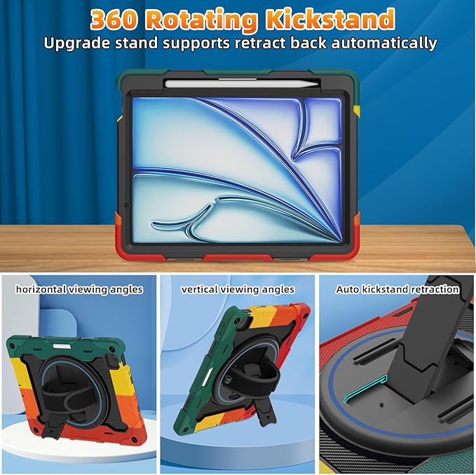 for Air 11 inch Case M3 2025 / M2 2024, Air 7th/6th Generation-with HD Screen Protector, 360 Rotating Kickstand/Hand Strap, Shoulder Strap, Pen Holder, Heavy Duty Military Grade- Kids Friendly