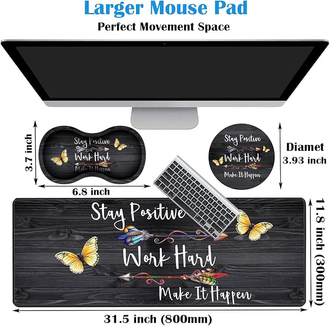 3 Piece Mouse Pad Set with Stitched Edge Large Anti-Slip Mouse Pad Desk Pad Keyboard Pad + Wrist Rest Pad + Coaster, Memory Foam Wrist Rest for Office/Home, Stay Positive Work Hard and Make It Happen