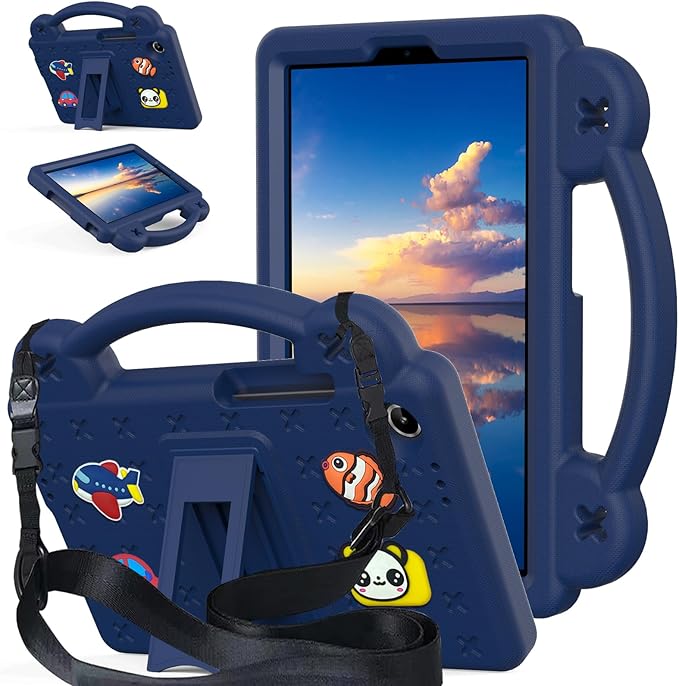 AKABEILA Compatible with Lenovo Tab One 2025 8.7 inch Tablet Case, Kids Friendly Universal Lightweight Shockproof Protective Case with Shoulder Strap & Stand Handle Navy Blue