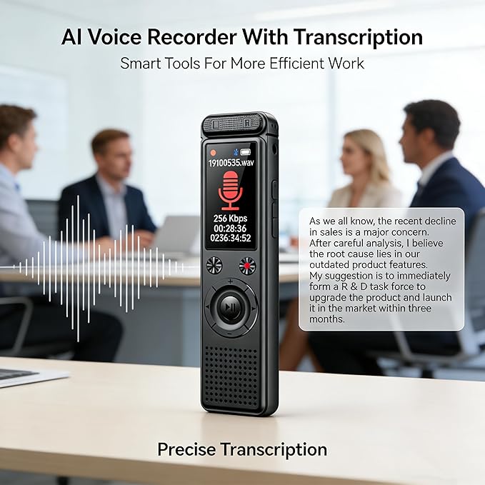 AI Voice Recorder, Transcribe & Summarize with AI, App Control, AI Note Taker for Meeting & Lecture, Support 152 Languages, Voice Activated Recorder with Playback, Black