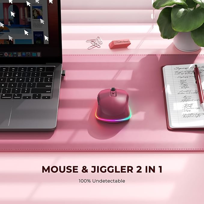 PEIOUS Wireless Mouse Jiggler - LED Wireless Mice with Build-in Mouse Mover, Rechargeable Moving Mouse for Laptop with Undetectable Random Movement Keeps Computers Awake - Red
