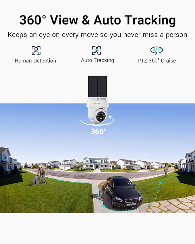 ANSQUE Security Cameras Wireless Outdoor Home System, 4 Camera Kit, No Subscription Fees, Solar Powered, Local Storage, 365-Day Battery Life, 360°PTZ Surveillance, Auto Tracking, 2K Color Night Vision