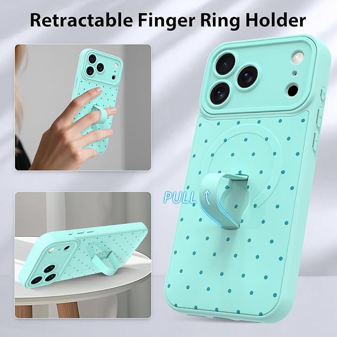 KANGHAR Compatible with iPhone 17 Pro Case, Support for MagSafe, Silicone Spot Cute Pattern, Wristband Kickstand Camera Protection Shockproof Soft Slim Cover for Girls Women, Blue