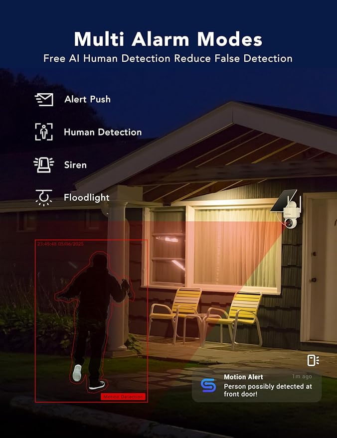 2K Solar Security Cameras Wireless Outdoor, 360°PTZ Battery Powered Cameras for Home Security, 2.4G WiFi Outdoor Camera with Color Night Vision, IP66 Waterproof, Motion Sensor Alarm, White