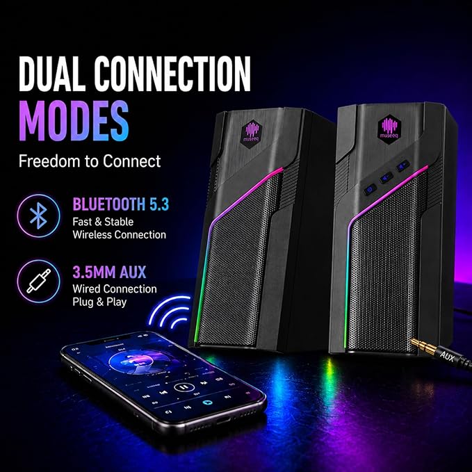 W-206RE Bluetooth RGB Computer Speakers, 2.0 Stereo PC Speakers with 21 LED Light Modes, Touch Control, USB Powered Desktop Speakers for PC, Laptop, PS5