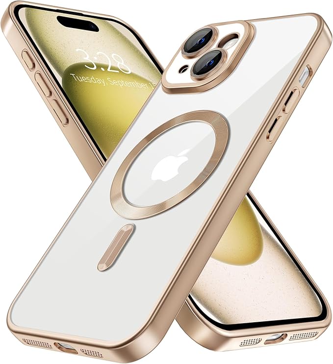 Hython Magnetic Clear for iPhone 15 Case with Camera Lens Protector [Compatible with MagSafe] Luxury Plating Edge Slim Soft TPU Cover Protective Phone Case for iPhone 15 6.1", Matte Desert Brown