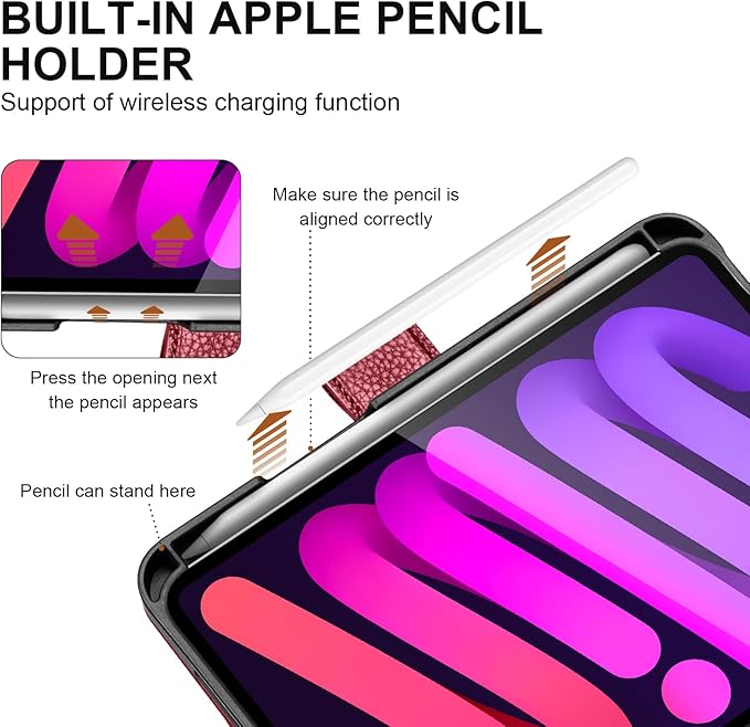 Genuine Leather Case for iPad mini 7th/6th Gen 8.3 Inch 2024/2021 | with Pencil Holder and Adjustable Stand, Magnetic Closure, Auto Wake/Sleep Cover | Wine Red