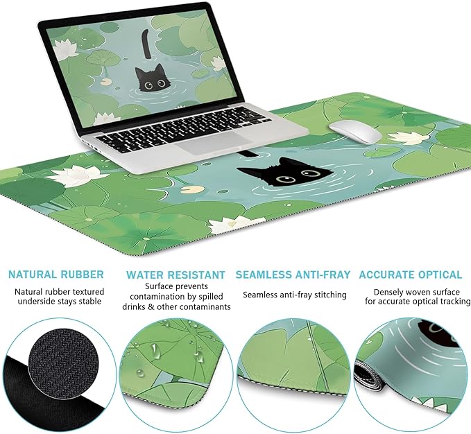 Blusabaca Mouse Pad Desk Pad, Cat Lotus Leaf Desk Mat Large Gaming Mouse Pad with Wrist Rest Cute, Keyboard Pad Wrist Rest Ergonomic, Cup Coaster, Work Home Accessories Office Supplies Decor