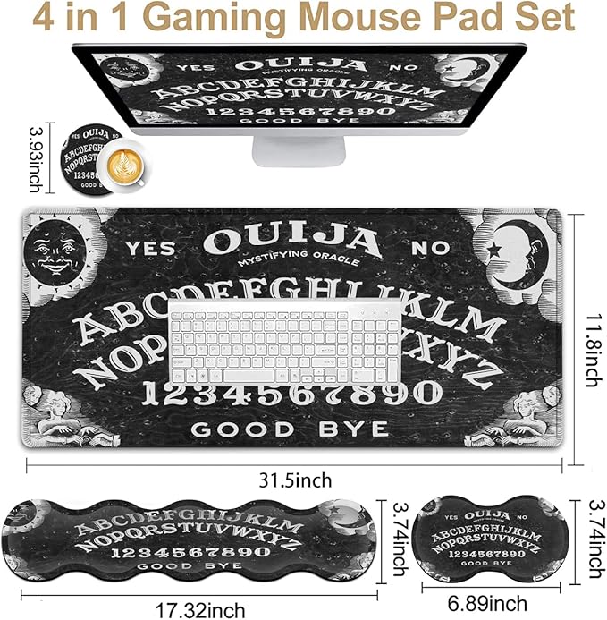 Gaming Mouse Pad XXL Large Desk Mat Ouija Board Witch Extended Mousepad Non-Slip Rubber Mice Pads Stitched Edges(31.5x11.8 In)Ergonomic Premium Memory Foam Keyboard Wrist Rest and Black Mouse Pad Set