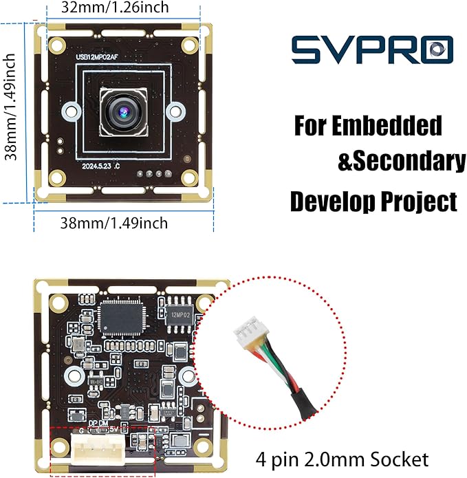 Svpro 12MP Auto Focus USB Camera Module 4K 30fps Webcam Board for Computer UVC USB2.0 1080P 60fps PC Camera 300ms PDAF Fast Auto Focus Camera IMX362 Machine Vision Industrial Camera for Laptop
