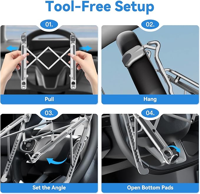 Car Laptop Mount Steering Wheel Tray Holder, Height Adjustable Car Desk for Laptop Computer Tablet, Foldable Portable Lap Laptop Stand for Car Vehicle Workstation Accessories Truck SUV Tesla