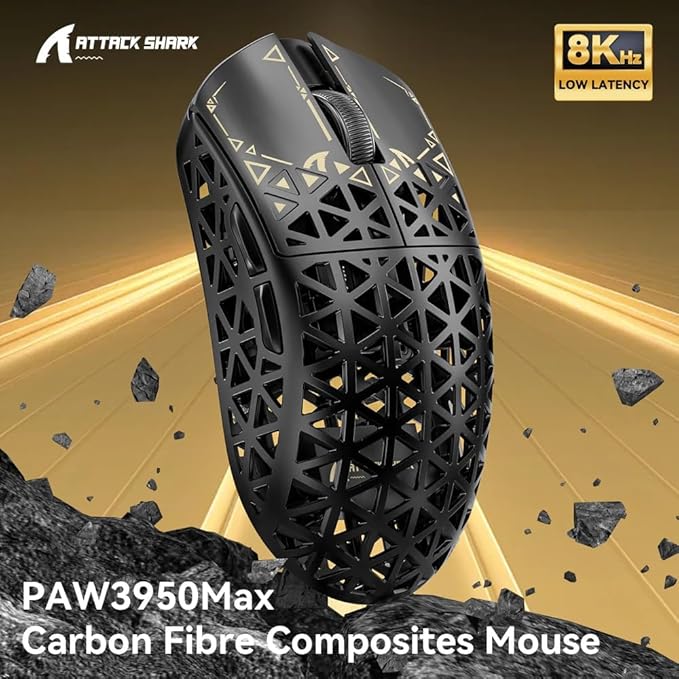ATTACK SHARK R5Ultra 8K Carbon Fiber Wireless Gaming Mouse with 42000 DPI -PAW3950 MAX Sensor -39g Ultra-Lightweight-Nordic 52840 MCU Chip-Wired/BT/2.4GHz Wirelss Programmable Mouse for PC/Mac (Black)