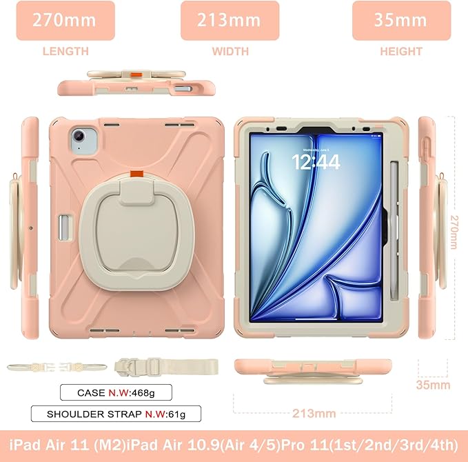 TSQQST Case for iPad Air 11 Inch M4 2026/M3 2025/M2 2024, Cover for iPad Air 5th 4th Generation 10.9"/Pro 11 4th/3rd/2nd/1st Heavy Duty Shockproof Case w/Screen Protector+Handle Grip+Strap, Gold