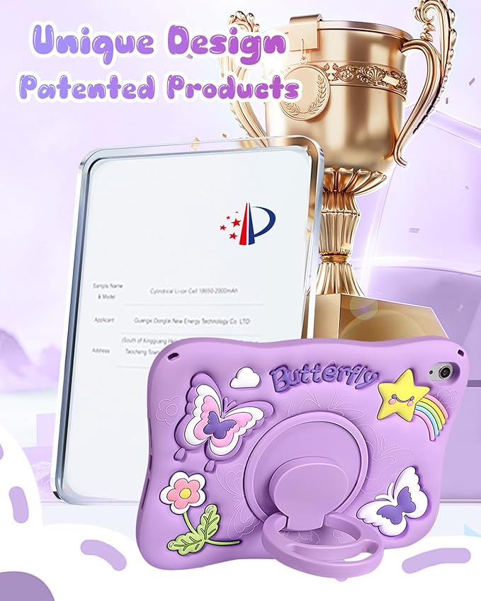 Kidcube for iPad 10th Generation Case 10.9 Inch 2022, for iPad A16 Case 11th Generation 2025 - Girls Cute Kawaii Girly 3D Purple Butterfly Design Cover with Rotating Stand & Strap Unique Silicone