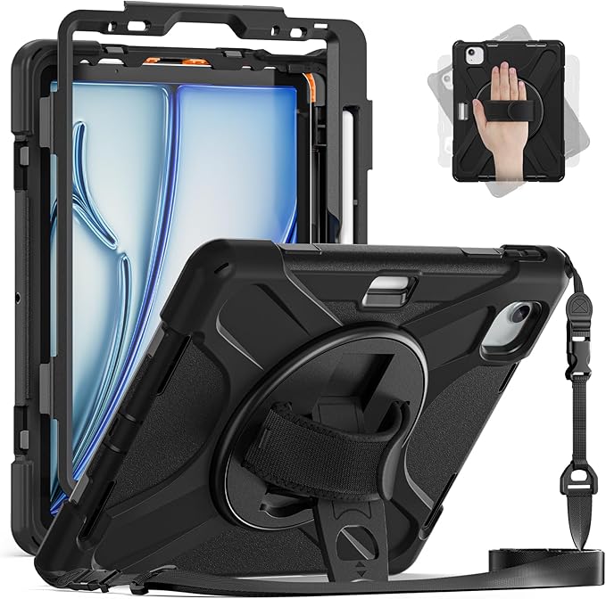 BRAECN for iPad Air 11 Inch M4 2026/M3 2025/M2 2024,iPad Air 5th/ 4th Gen 10.9 Inch Shockproof Durable Silicone Case with 360 Rotating Hand Strap&Kickstand for iPad Pro 11'' 4/3/2/1st Case-Black