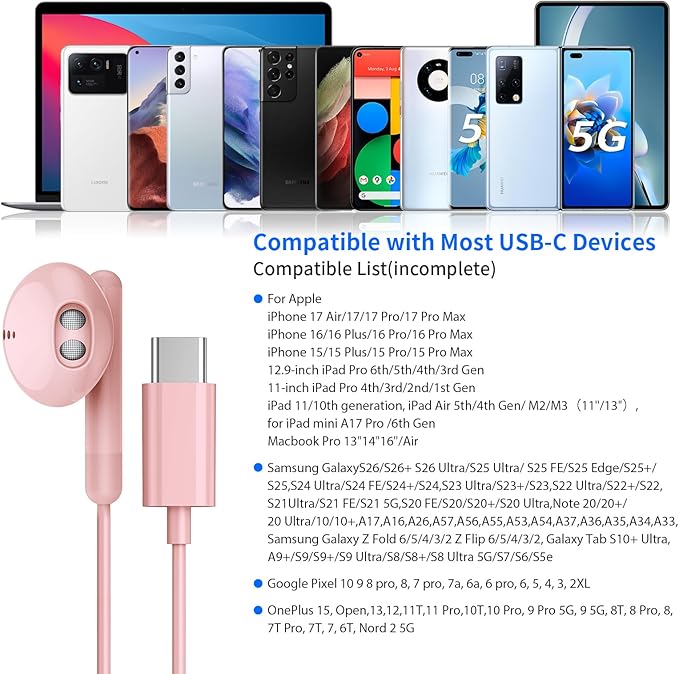 USB C Headphones for iPhone 17 16 15 Pro Max Plus iPad Pro USB C Earphones with Microphone Volume Control USB C Wired Earbuds USB Type C Earphone for Google Pixel 8 Galaxy S26 S25 S24 S23 S22 S21 A55