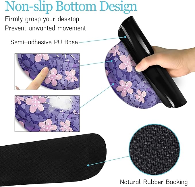 LIMKRIAN Purple Mouse Pad Large Desk Mat Set, Kawaii Cat Computer Mouse Pad with Wrist Rest Keyboard Wrist Support XXL Mousepad Cup Coaster Set, Cute Purple Office Desk Accessories Cat Decor Supplies