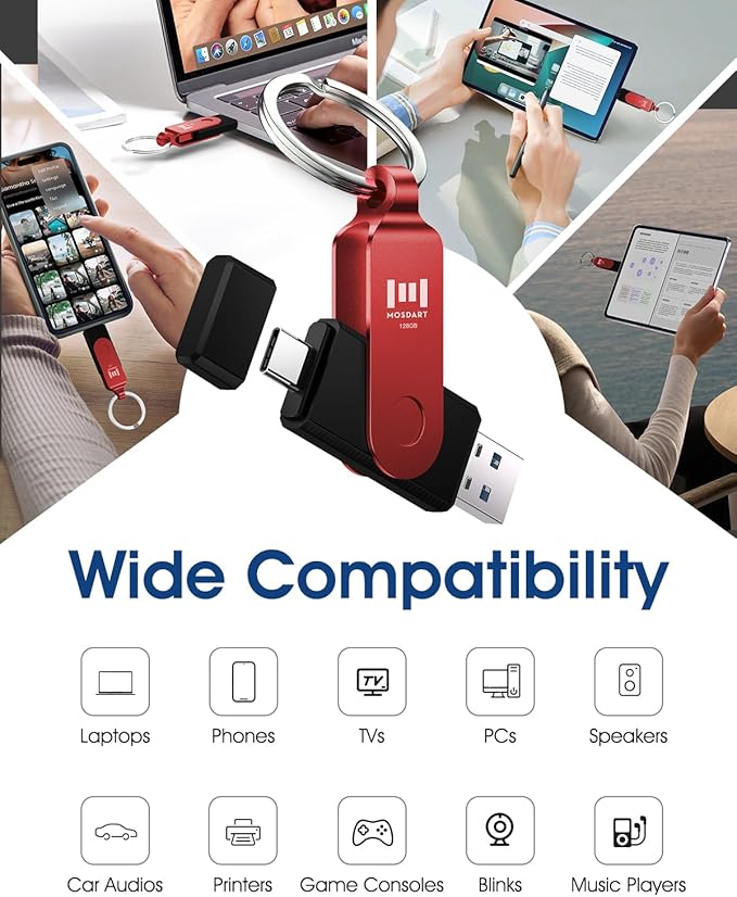 MOSDART 128GB USB C 3.2 Fast Speed C and A Dual Flash Drive, exFAT Memory Stick with Keychain and LED Indicator, for iPhone 15,16,17, Android Phone, iPad, MacBook, and Other Laptops, Red