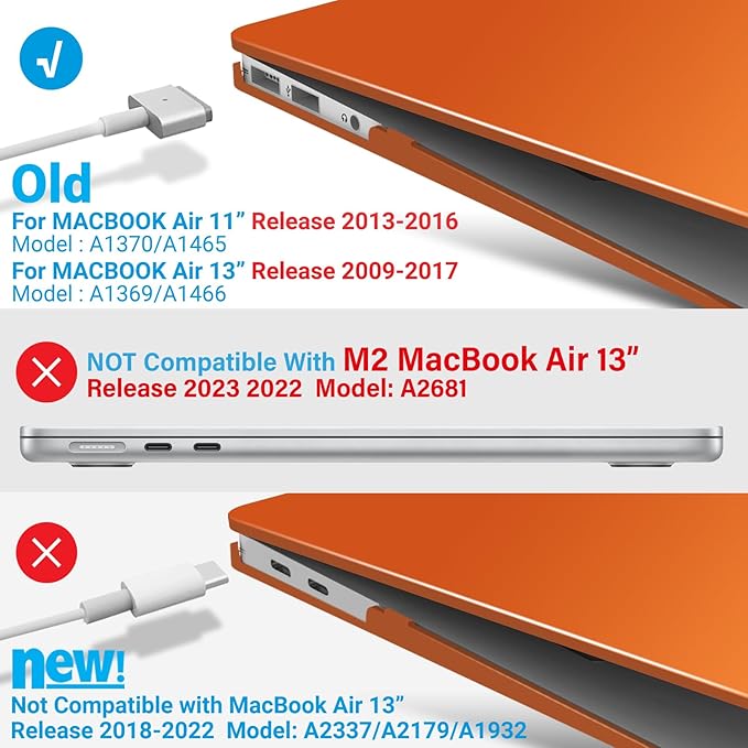 IBENZER Compatible with Old Version MacBook Air 13 Inch Case (2010-2017 Release). Models: A1466 / A1369, Plastic Hard Shell Case with Keyboard Cover for Mac Air 13, Orange, A13OR+1
