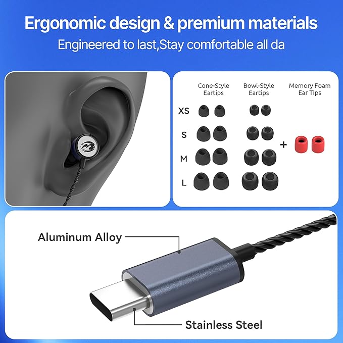 MORMOQUE EP09 Hi-Fi Stereo USB C Headphones,Type C in-Ear Wired Earbuds with Deep Bass and Built-in Mic,Noise Isolation Earphones with 4.9 ft Long Cord for Music Lovers,Podcasts and Calls