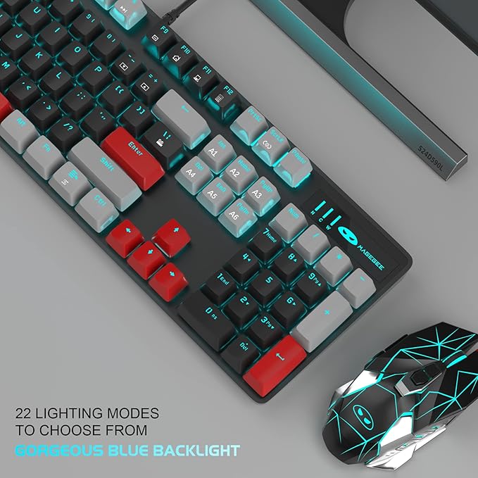 MageGee Mechanical Gaming Keyboard, 104 Keys Blue Backlit Keyboards with Red Switches Double-Shot Keycaps, USB Wired Mechanical Computer Keyboard for Laptop, Desktop, PC Gamers(Gray & Black)