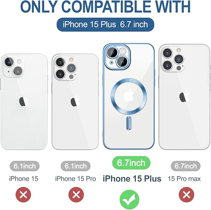 Hython Magnetic Clear for iPhone 15 Plus Case with Camera Lens Protector [Compatible with MagSafe] Luxury Plating Edge Slim Soft TPU Cover Protective Phone Case for iPhone 15 Plus 6.7", Light Blue