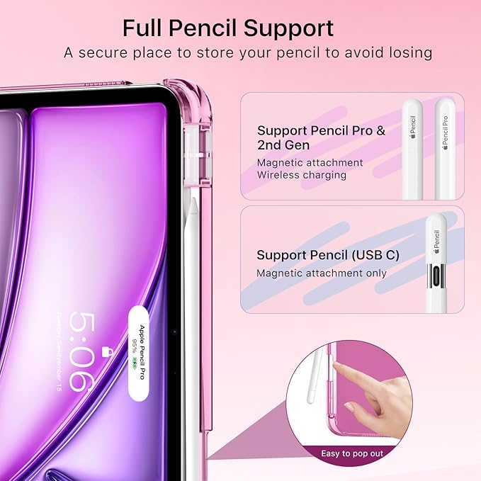 MoKo for iPad Air 11 inch Case (M4/M3/M2) 2026/2025/2024, iPad Air 5th/4th Gen 10.9 inch Case 2022/2020 with Pencil Holder, Slim Light Trifold Cover with Hard PC Translucent Back Shell, Fuchsia