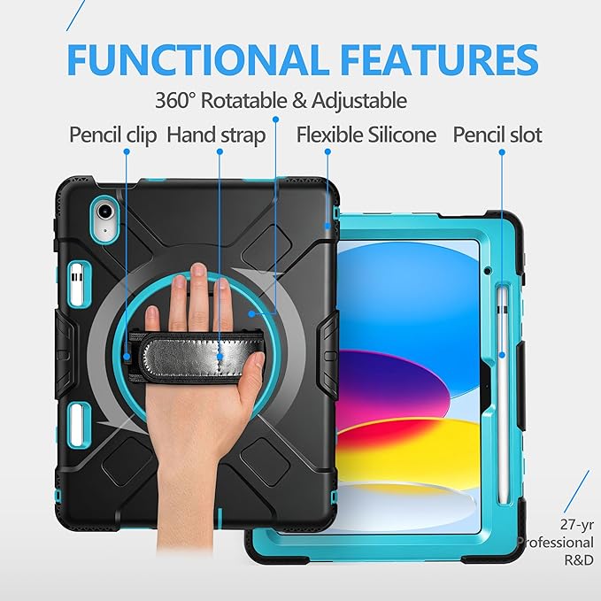 Case for iPad (A16) 11th/10th Generation Case: Protective Cover for iPad 11th Gen 11 Inch 2025 &10th Gen 10.9" 2022 with Screen Protector- Stand- Shoulder Strap- Handle- Pencil Holder-Mint Green