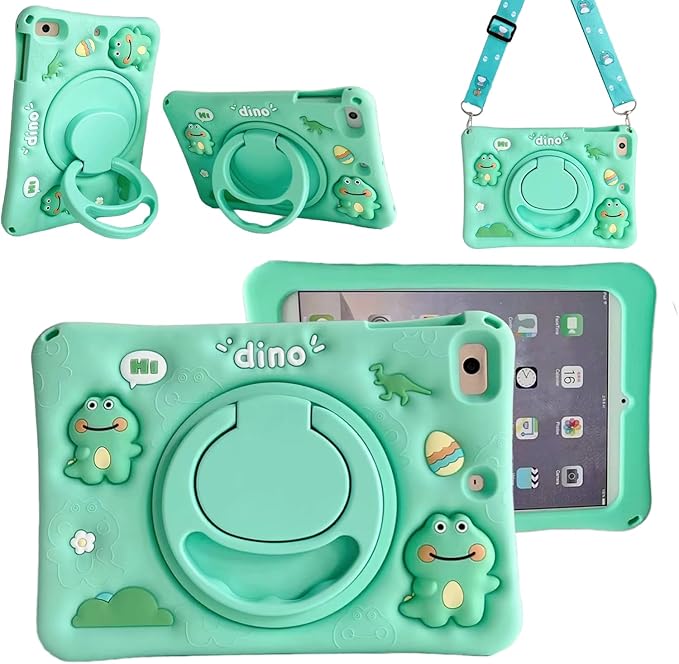 3D Cute Press Dinosaur Case for iPad 10th Gen (2022) 10.9 inch/iPad (A16) 11th 2025 11 inch,Cartoon Character Dinosaur Soft Silicone Rotating Stand Case with Lanyard for Kids Teens Girls Women