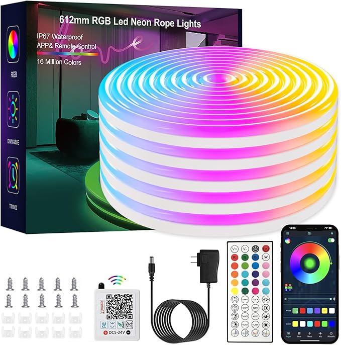 LED neon Lights,50FT RGB Neon Rope Lights,with Remote Control/APP Control,Music Sync,Timer Function,IP67 Waterproof Flexible Neon Strip Lights,for Bedroom Gaming Outdoors Decor